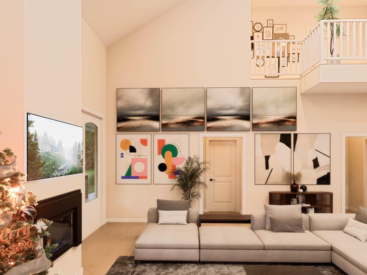 Interior rendering of a great room with vaulted ceiling, fireplace, sectional sofa, and abstract art.