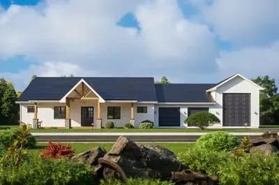 Modern Farmhouse Plan with Split Beds, RV Garage & Workshop
