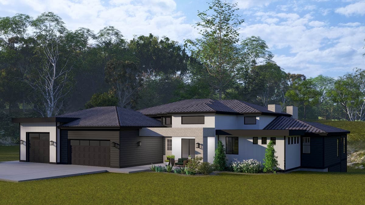 Modern two-story house plan exterior with detached garage, gabled roof, and contrasting facade materials.