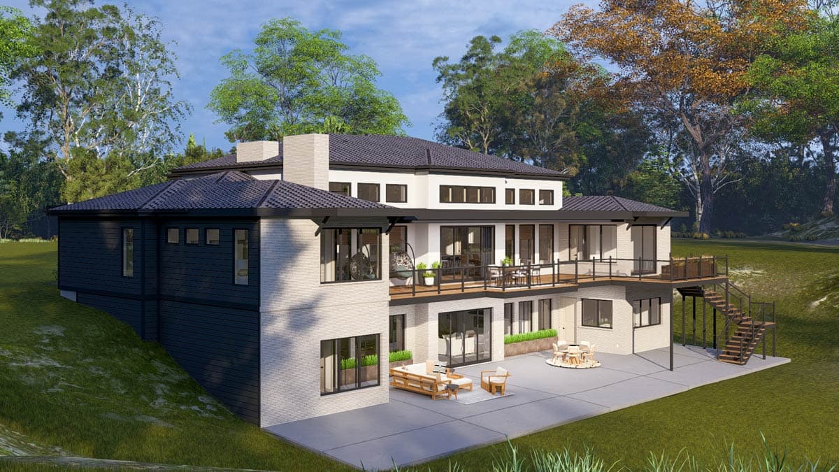 House plan exterior: Modern style, multiple levels, dark siding, white brick, large windows, balcony, and patio.