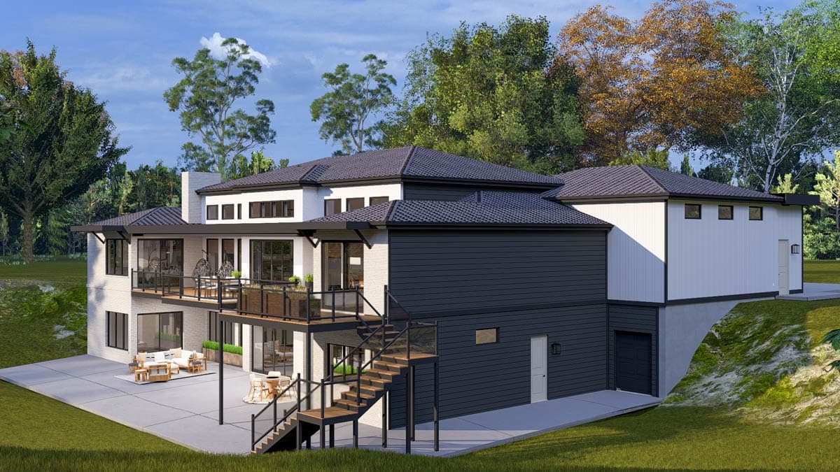 Modern house plan exterior with multiple levels, balconies, large windows, and a stepped roofline.