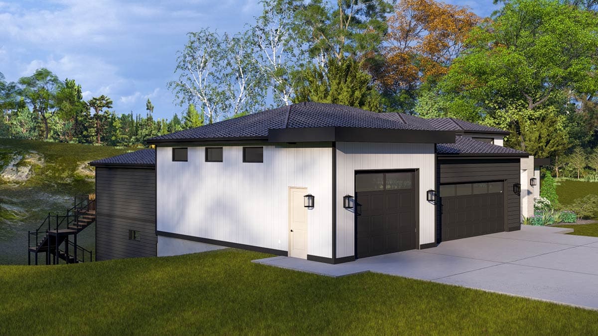 House plan exterior, modern style, two-car garage, dark siding, white vertical siding, and flat roof.
