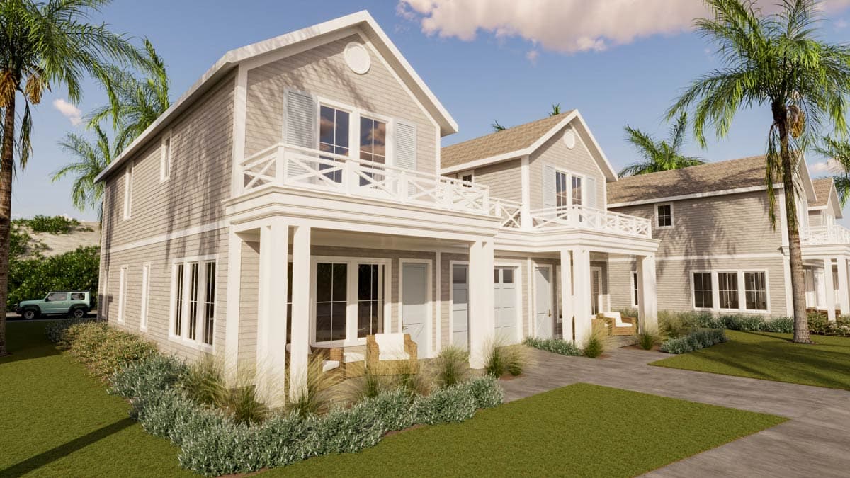 House plan exterior: two-story coastal style with second-story balcony, gabled roof, and double-height porch columns.
