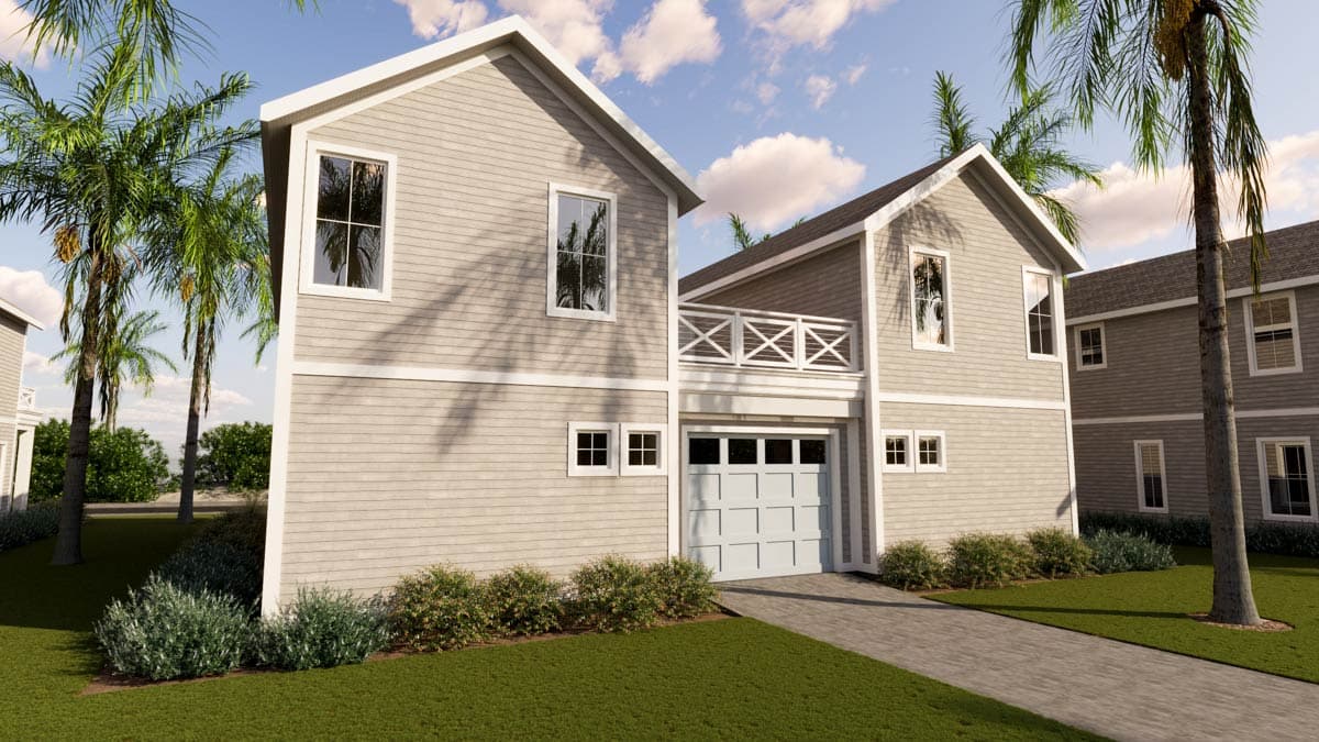 House plan exterior: two-story modern farmhouse with gabled roof, second-story balcony with X-bracing, and front-entry garage.