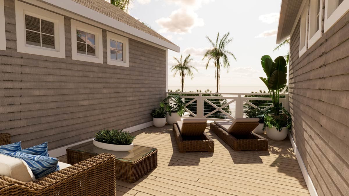 Exterior house plan rendering with wood shingle siding, multiple windows, and a wraparound deck overlooking the ocean.