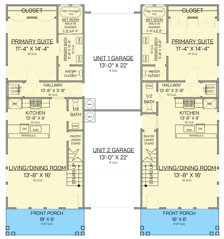 Plan 820011WSF: Grand Coastal Duplex House Plan with 8 Suites, Rooftop Decks - Floor Plan - Main Level - Beach, Coastal, Farmhouse, Florida-Style