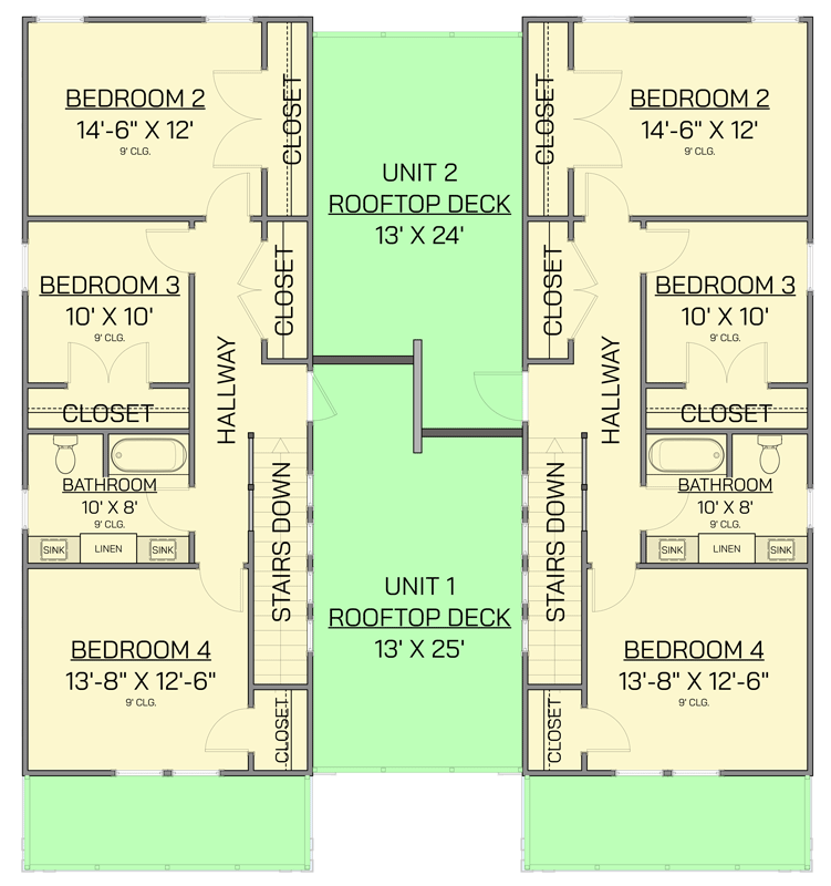 Plan 820011WSF: Grand Coastal Duplex House Plan with 8 Suites, Rooftop Decks - Floor Plan - 2nd Floor - Beach, Coastal, Farmhouse, Florida-Style