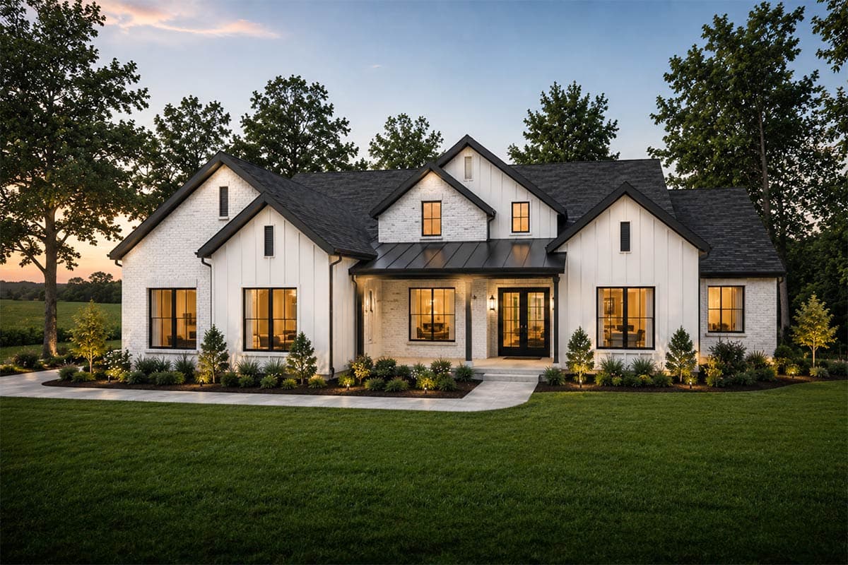 A modern farmhouse with white siding and a dark roof. Black-framed windows and a covered porch are visible against a backdrop of trees.