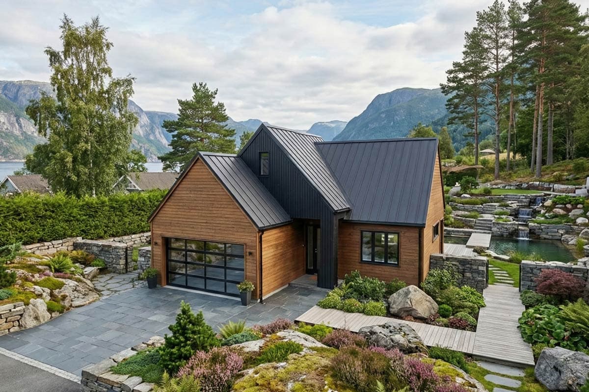 Modern wooden home with black metal roof nestled in a landscape with stone walls, water features, and mountain backdrop.
