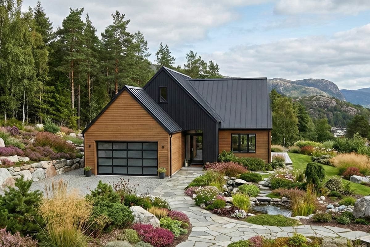 Modern house plan exterior with wood siding, black metal roof, attached garage, and natural landscaping.