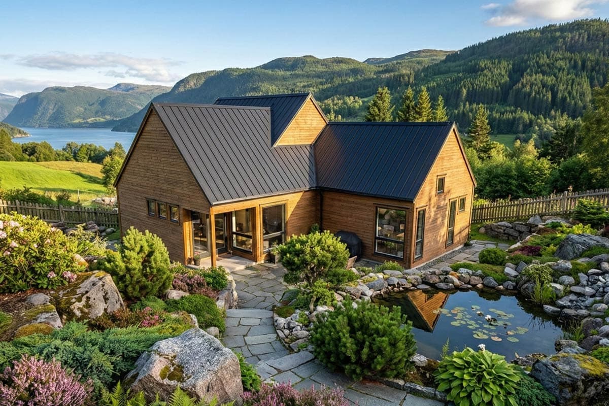 Modern house plan exterior with wood siding, dark metal roof, prominent gables, and large windows.