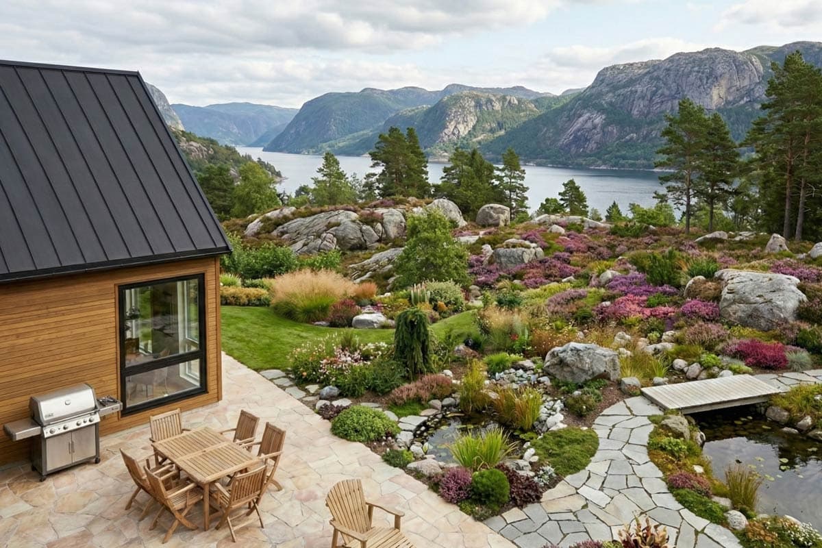 Modern house exterior with natural wood siding, dark metal roof, and large window overlooking a landscaped garden with a pond and mountain views.