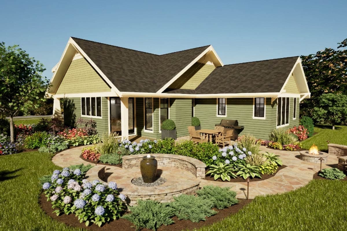 House plan exterior: Ranch style, single story, with intersecting gables, prominent dormer, and a covered front entry.