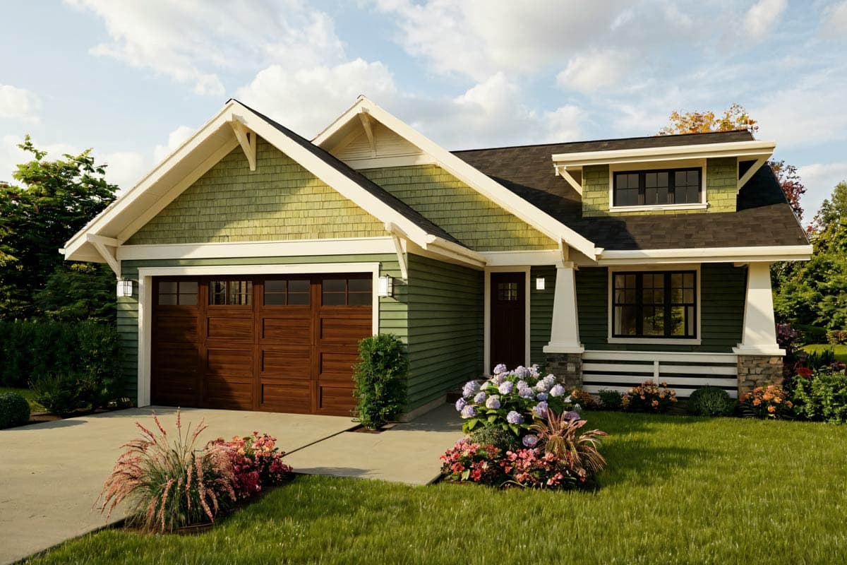 Craftsman style house plan exterior with green siding, wood garage doors, gable details, and a dormer.