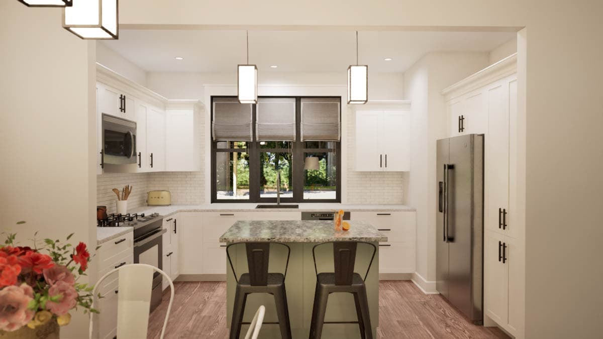 Kitchen rendering with a central island, stainless steel refrigerator, range, and a large window above the sink.
