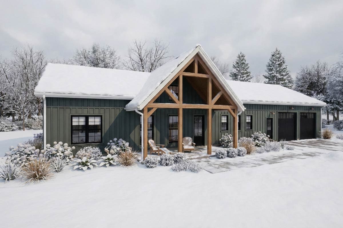 Modern Farmhouse house plan exterior with a prominent gable, timber frame porch, board and batten siding, and a two-car garage.
