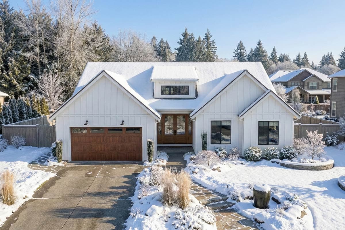 Modern Farmhouse style house plan exterior with white board and batten siding, gabled roof, dormer, and attached garage.