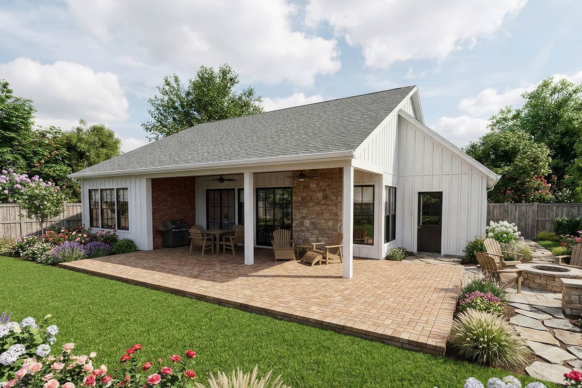 Modern Farmhouse house plan exterior with board-and-batten siding, stone accents, covered patio, and gable roof.