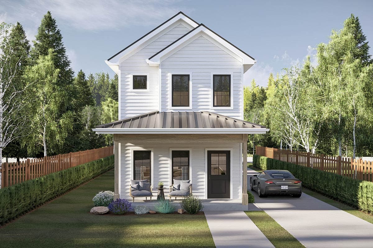 Two-story white house with black trim, a porch with chairs, and a driveway leading to a car. Trees and a fence frame the property.