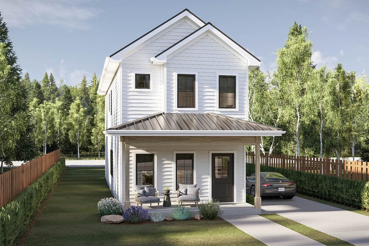 Two-story Modern Farmhouse exterior with a prominent gable, metal roof, and covered front porch with wood supports.