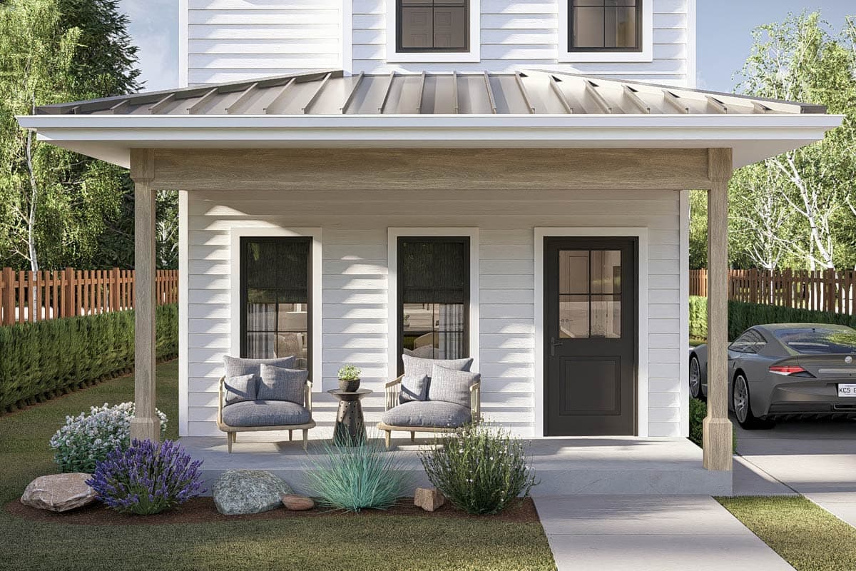 House plan exterior: Two-story Modern Farmhouse with a metal gable roof and covered front porch supported by wooden posts.