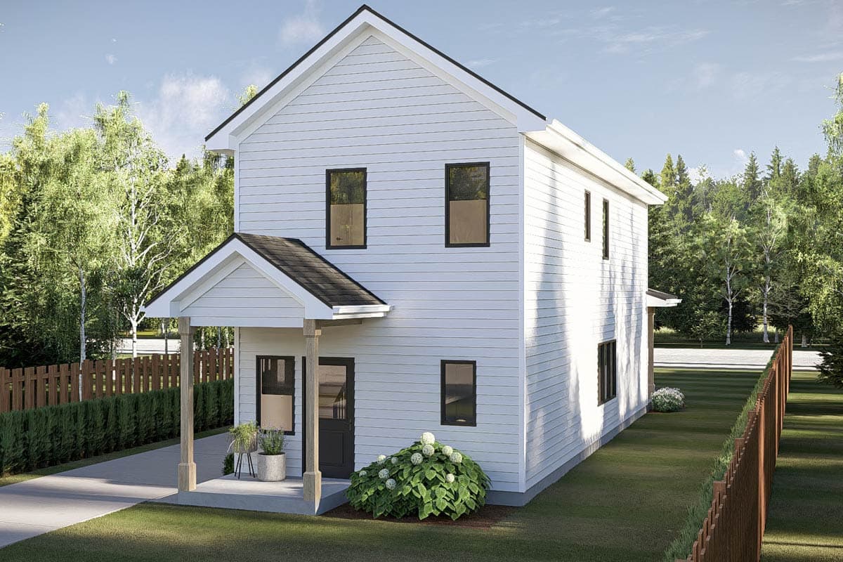 Two-story house plan exterior with a gable roof, white siding, covered front porch with wood posts, and dark-trimmed windows.