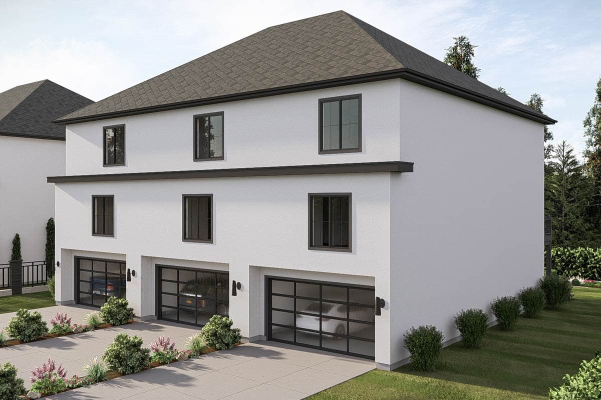 House plan exterior of a three-story modern home with stucco finish, dark trim, and three glass garage doors.