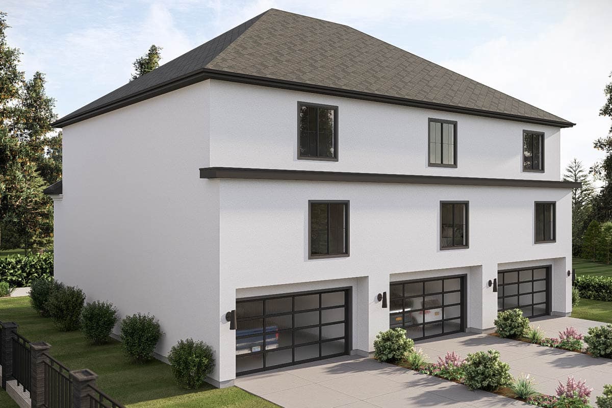 Exterior view of a two-story modern house plan with three glass garage doors and dark trim.