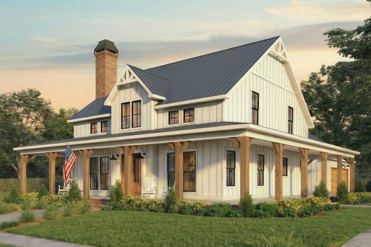 Modern Farmhouse house plan exterior with a prominent gable, wraparound porch with wooden columns, and a brick chimney.