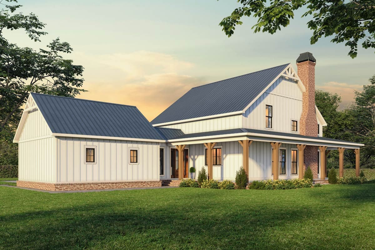 Modern Farmhouse house plan exterior with white board and batten siding, metal roof, gabled dormers, and wraparound porch.