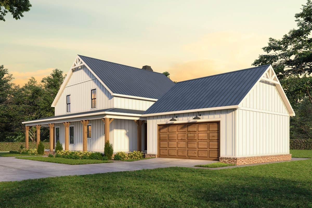 Modern Farmhouse house plan exterior with a wrap-around porch, gables, and a two-car garage.