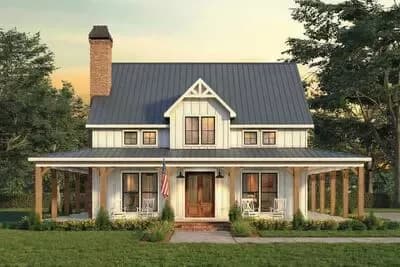 Modern Farmhouse House Plan with Wrap-Around Porch and Two-Story Great Room
