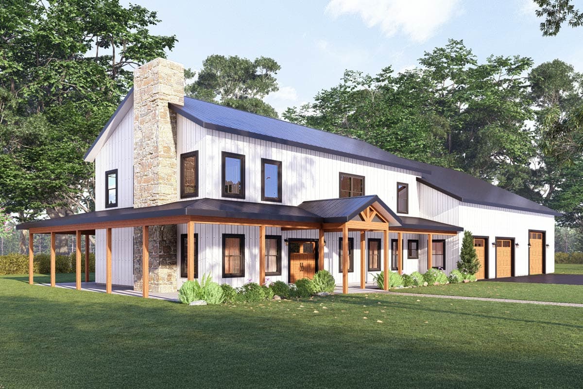 Modern Farmhouse house plan exterior with wraparound porch, prominent stone chimney, and side-entry garage.