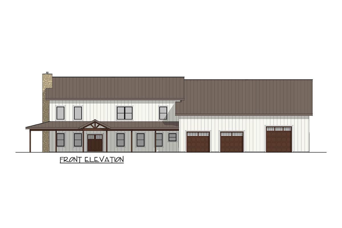 Front elevation of a two-story house plan with a wraparound porch, stone chimney, and attached three-car garage.