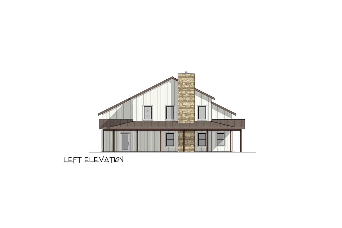 Left elevation of a house plan featuring a stone chimney, covered porch, and board and batten siding.