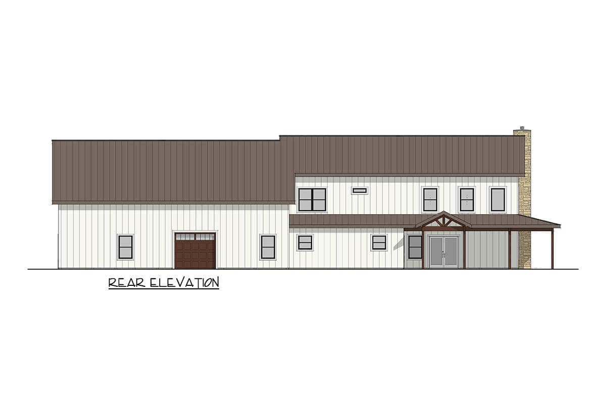 Rear elevation house plan with a metal roof, one-car garage, covered porch, and stone chimney.