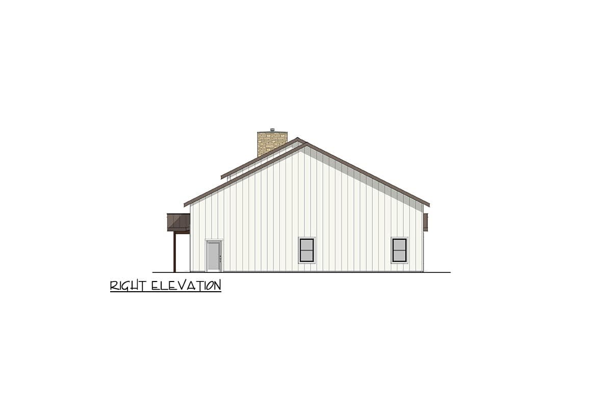 Right elevation house plan with vertical siding, gable roof, chimney, door, and two windows.