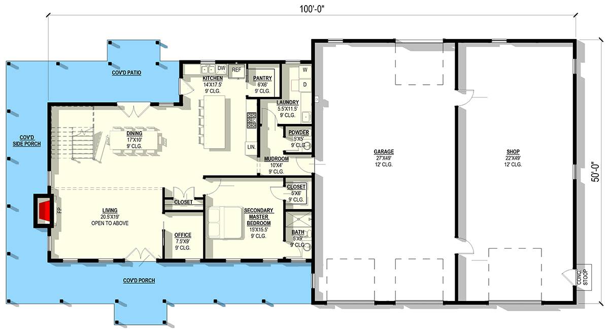 Plan 405084FDC: Modern Barndominium House Plan: Dual Primary Suites, Workshop, Wrap-Around Porch - Floor Plan - Main Level - Barndominium, Modern Farmhouse, New American
