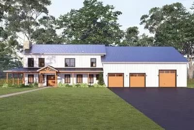 Modern Barndominium House Plan: Dual Primary Suites, Workshop, Wrap-Around Porch
