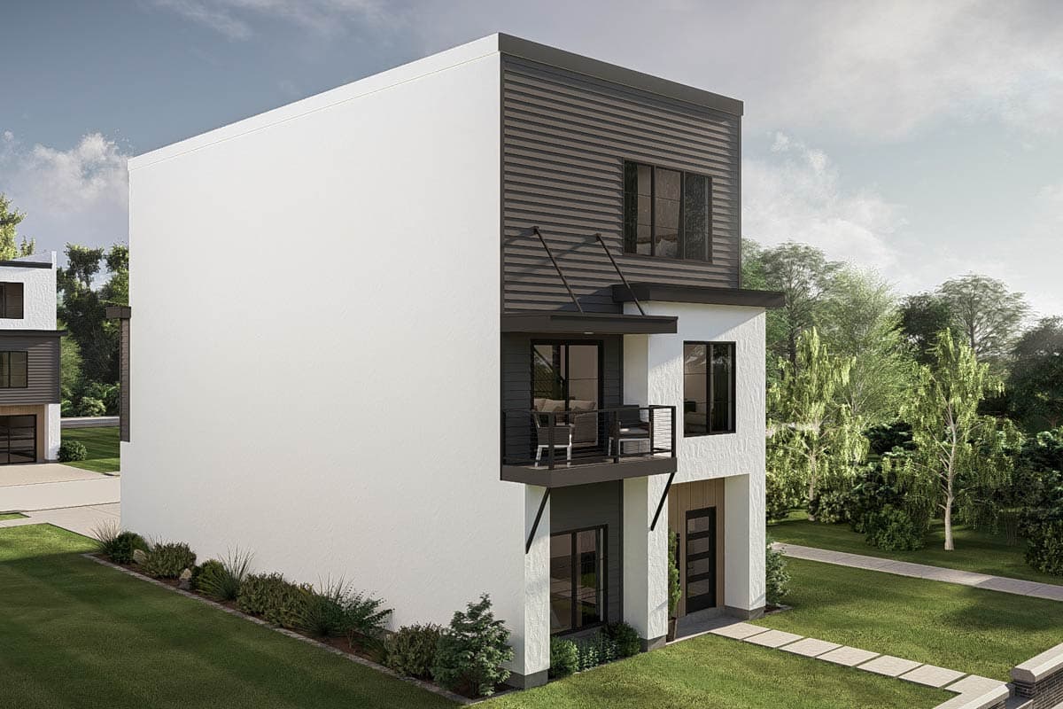 Modern three-story house plan exterior with white stucco, dark horizontal siding, balconies, and a flat roof.