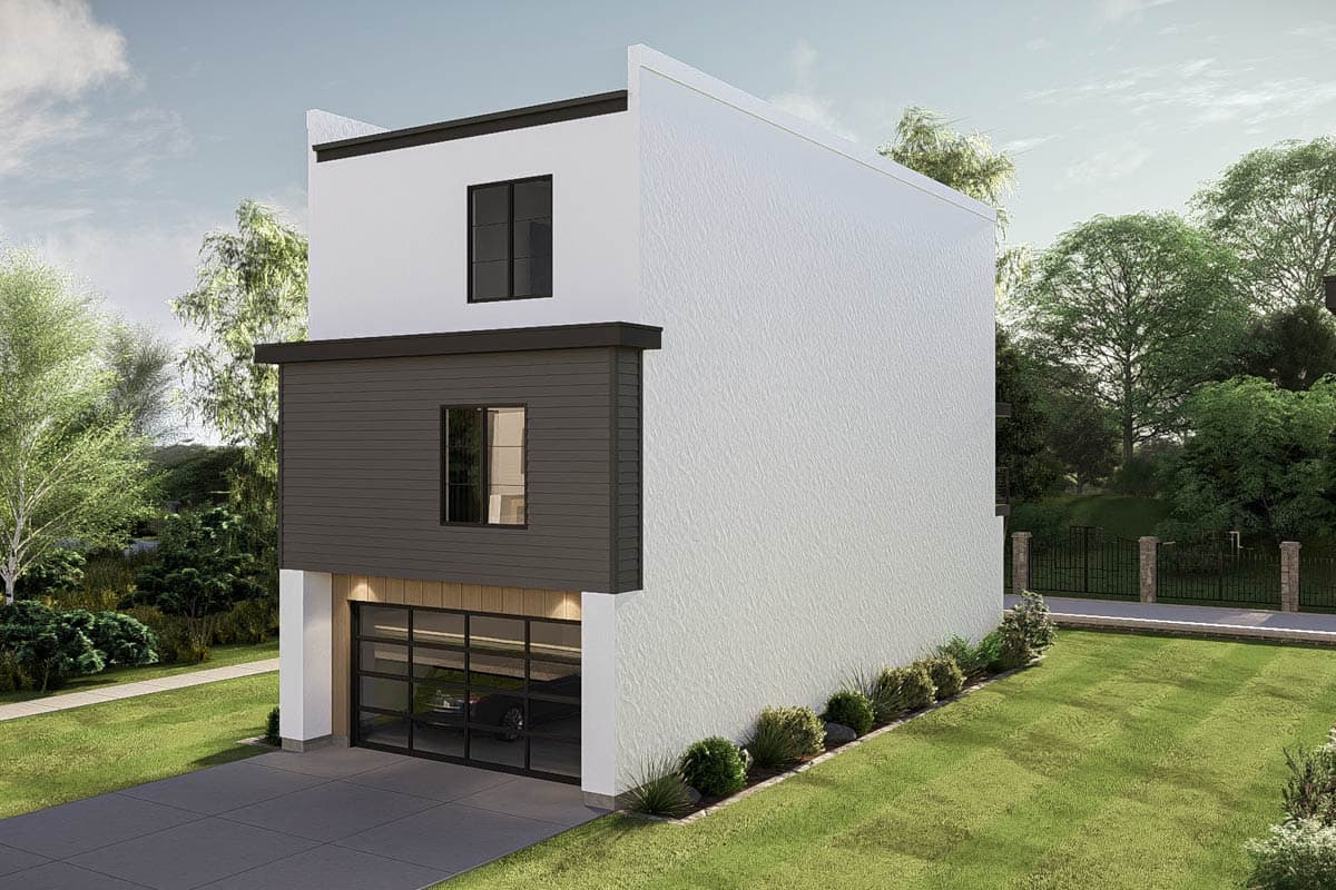 Modern house plan exterior with a stucco finish, dark horizontal siding, a detached garage with a glass door, and a pitched roofline.