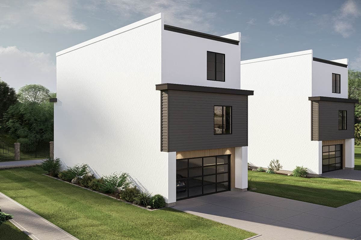 Modern two-story house plan exterior with white stucco, dark siding accent, and glass garage doors.