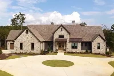 Expansive Stone and Wood House Plan with Dual Master Suites and 5-Car Garage