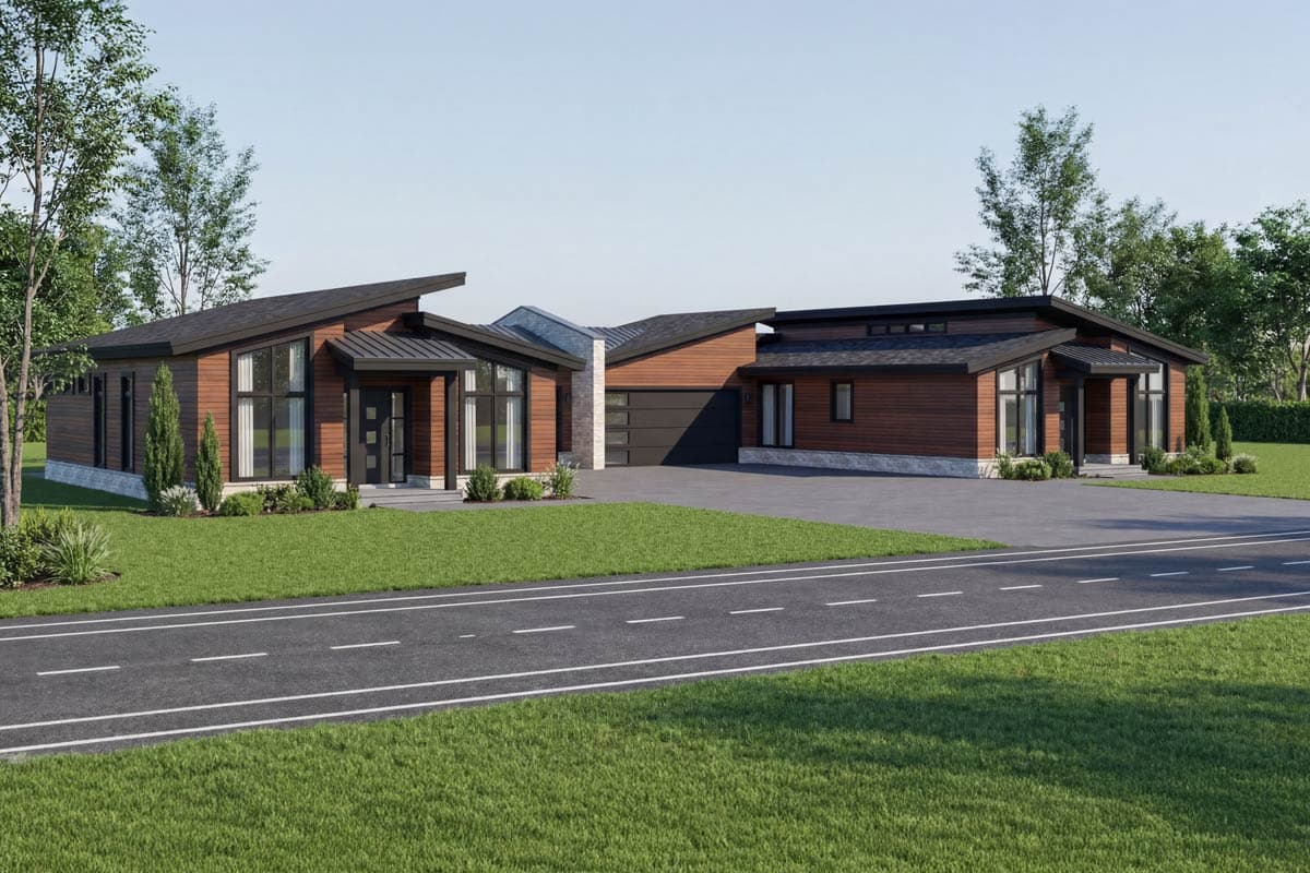 Modern house plan exterior with pitched rooflines, horizontal wood siding, large windows, and a three-car garage.