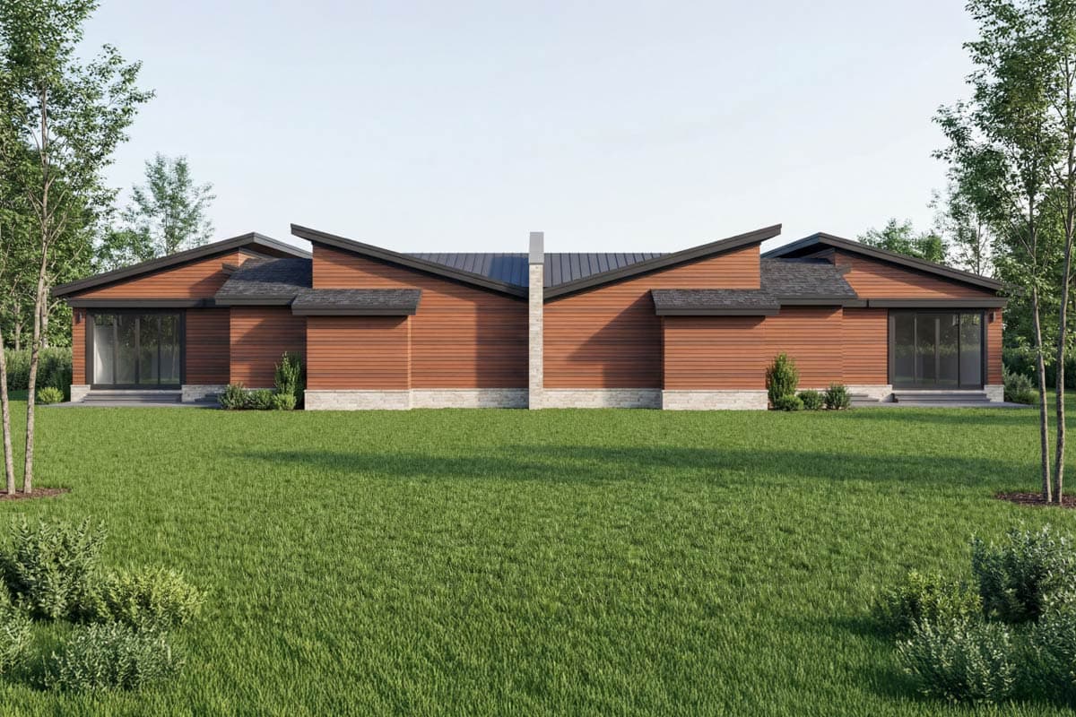 Modern single-story house plan exterior with wood siding, stone base, and asymmetrical gabled rooflines.