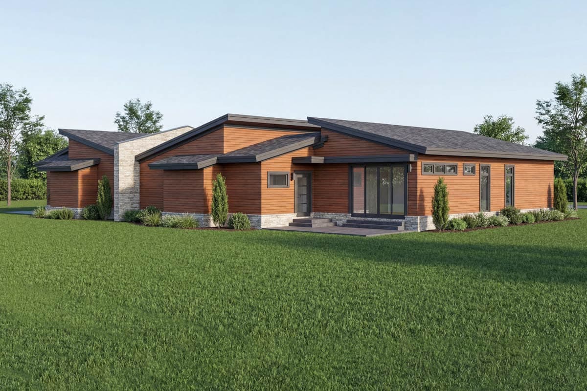 House plan exterior: Modern single-story with varied rooflines, wood siding, stone accents, and large sliding glass doors.