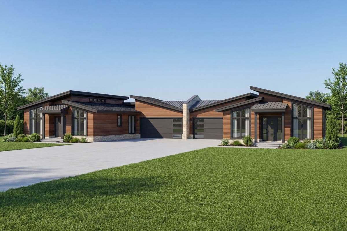 Modern ranch house plan exterior with angled rooflines, wood siding, stone accents, and a three-car garage.