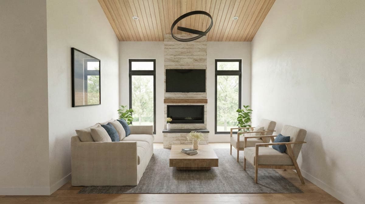 Living room with wood plank ceiling, stone fireplace, large windows, sofa, and chairs.