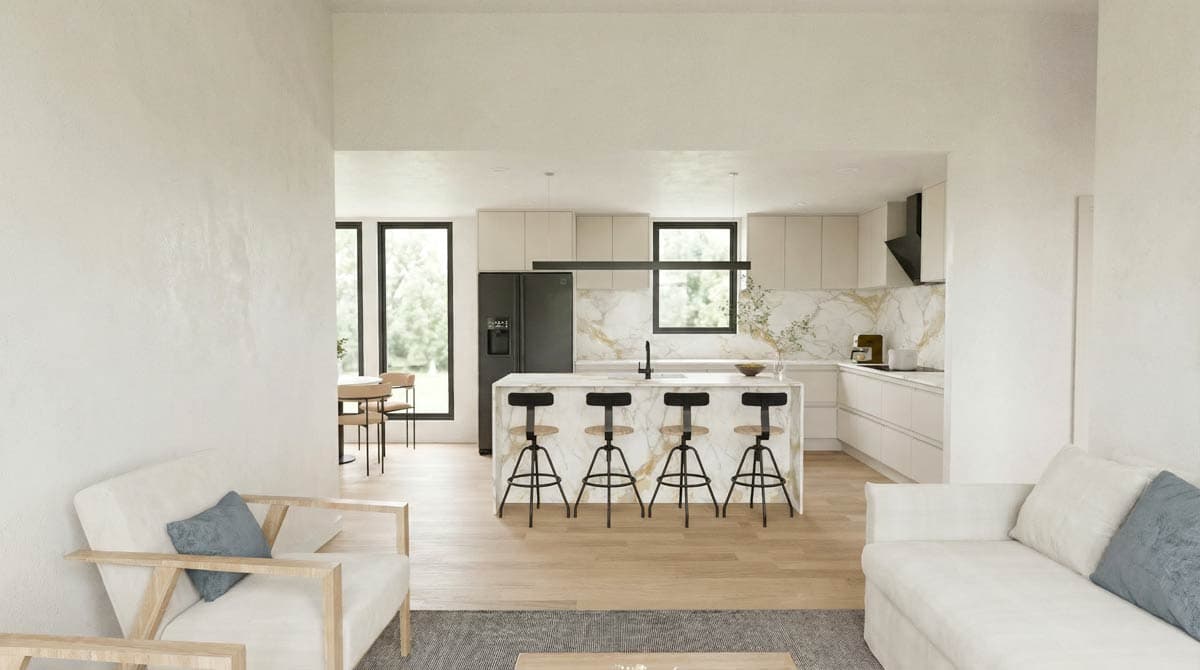 Modern kitchen with marble island and stools, open to dining area with large windows and living space.