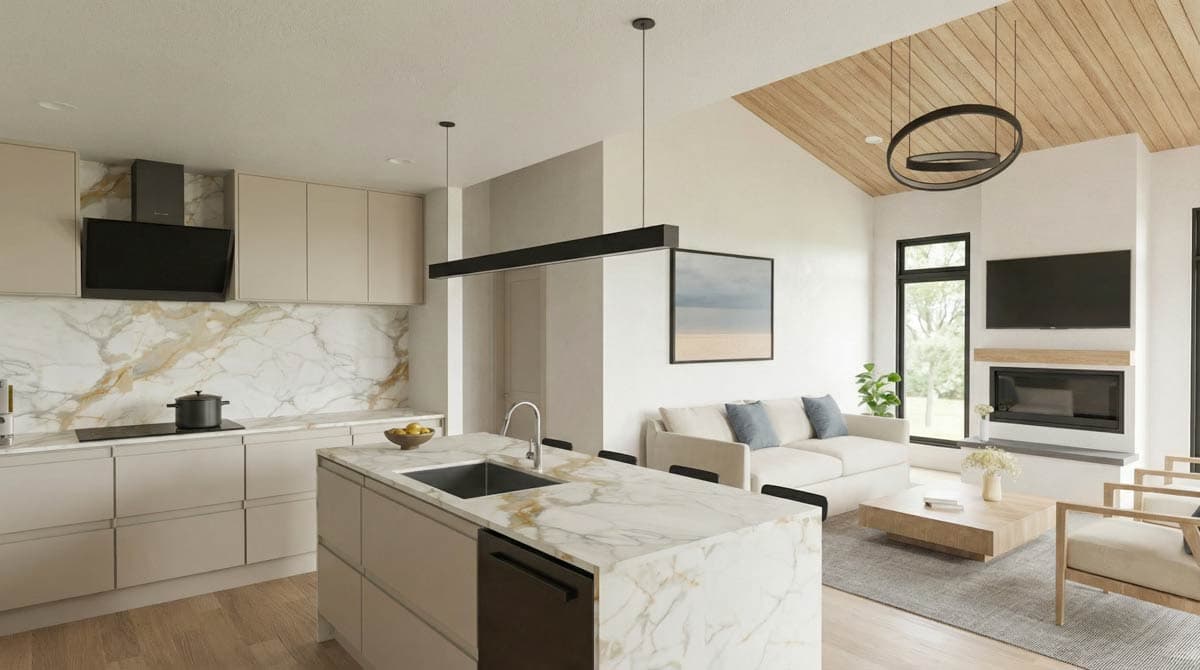 Modern open-concept living area with a kitchen island, vaulted wood ceiling, fireplace, and large windows.